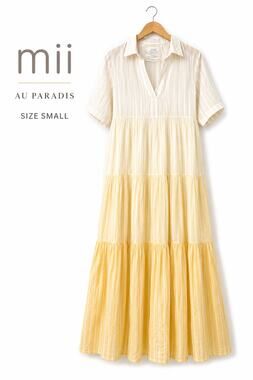 Mii Au Paradis Maxi Dress Small 100% Cotton Cream Yellow Tiered Handmade India